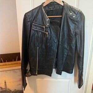 bebe Women's Black Leather Jacket with Asymmetrical Zippers